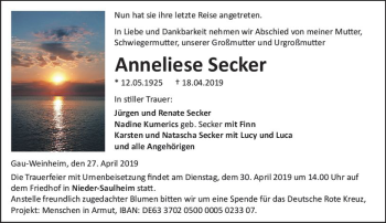 Traueranzeige von Anneliese Secker von vrm-trauer
