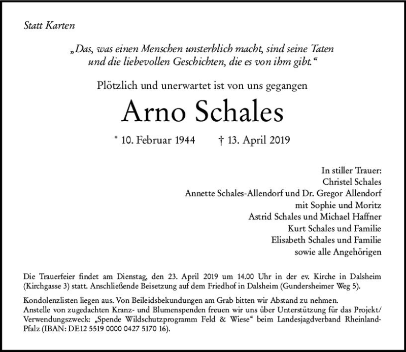 Traueranzeige für Arno Schales vom 16.04.2019 aus vrm-trauer