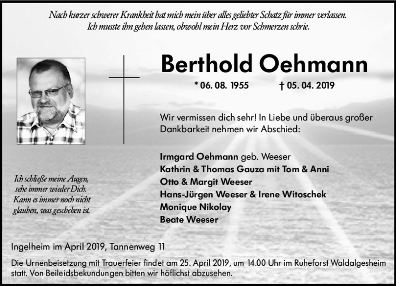  Traueranzeige für Berthold Oehmann vom 13.04.2019 aus vrm-trauer