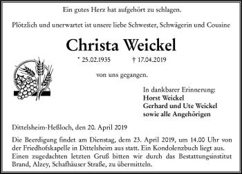 Traueranzeige von Christa Weickel von vrm-trauer
