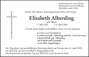 Traueranzeige von Elisabeth Alberding von vrm-trauer
