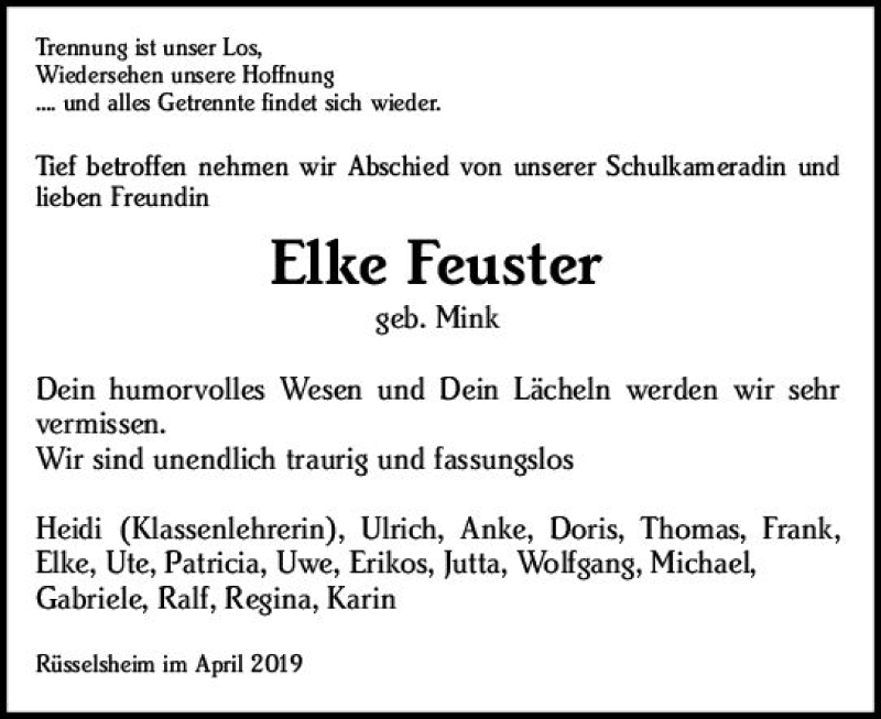  Traueranzeige für Elke Feuster vom 09.04.2019 aus vrm-trauer