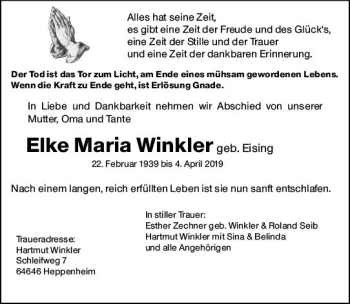 Traueranzeige von Elke Maria Winkler von vrm-trauer