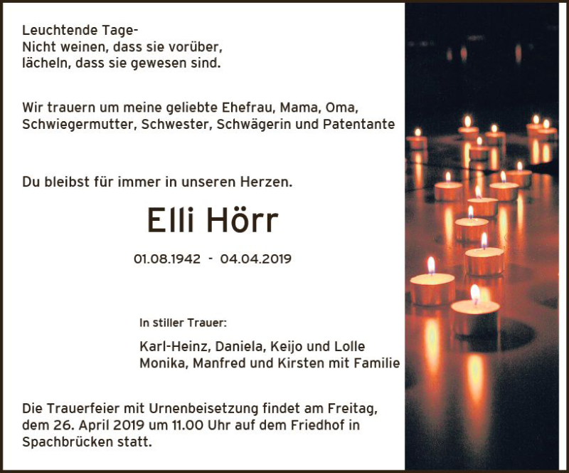  Traueranzeige für Elli Hörr vom 20.04.2019 aus vrm-trauer