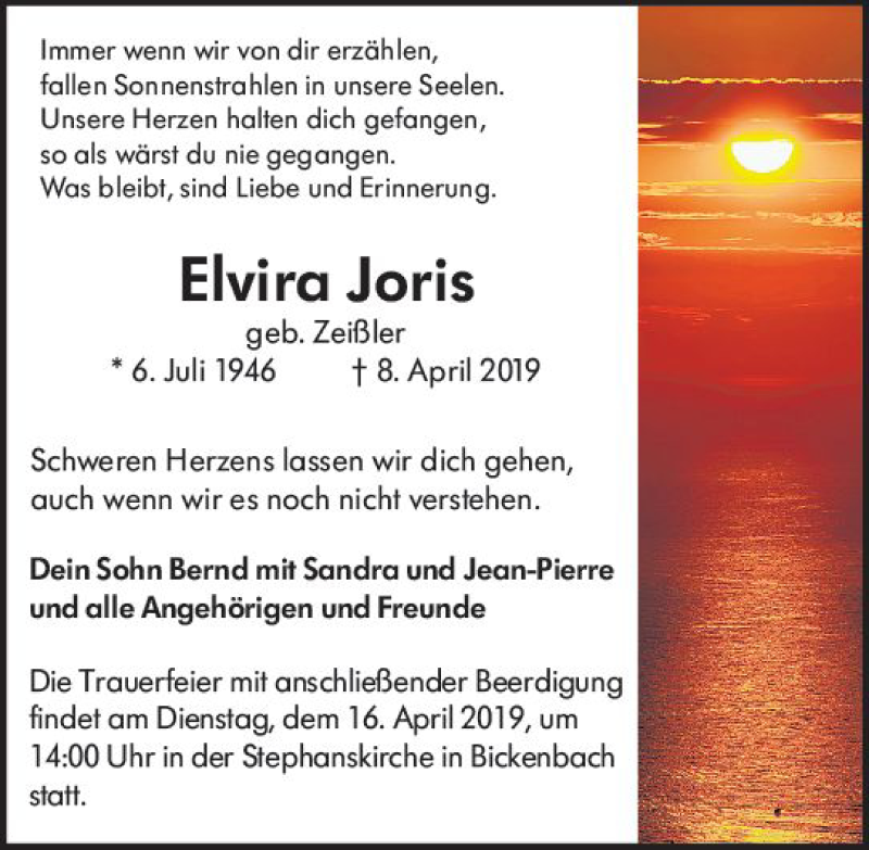  Traueranzeige für Elvira Joris vom 13.04.2019 aus vrm-trauer