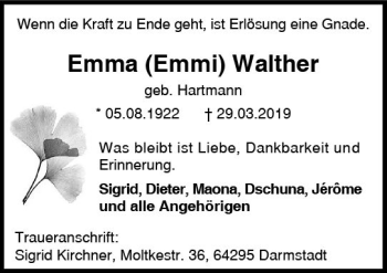 Traueranzeige von Emma Enrni Walther von vrm-trauer