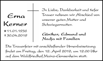 Traueranzeige von Erna Kerner von vrm-trauer