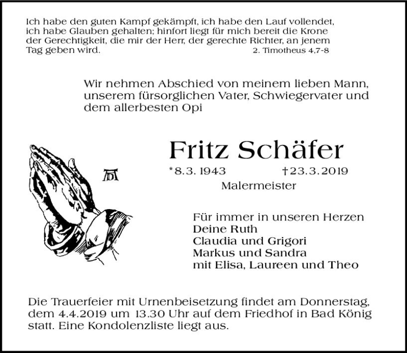  Traueranzeige für Fritz Schäfer vom 01.04.2019 aus vrm-trauer