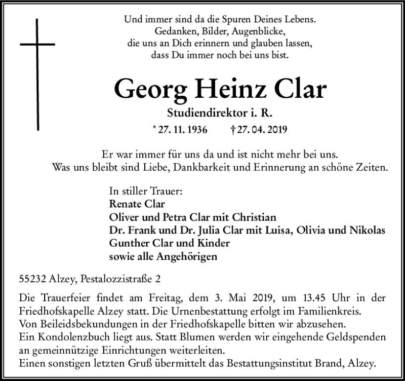  Traueranzeige für Georg Heinz Clar vom 30.04.2019 aus vrm-trauer