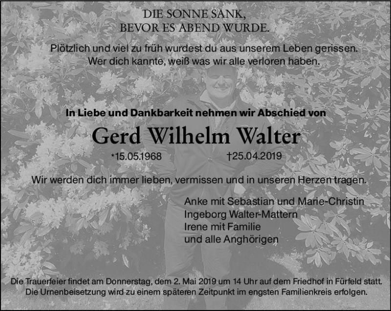  Traueranzeige für Gerd Wilhelm Walter vom 30.04.2019 aus vrm-trauer