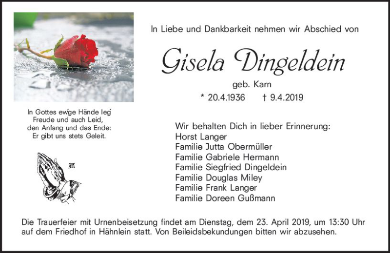  Traueranzeige für Gisela Dingeldein vom 13.04.2019 aus vrm-trauer