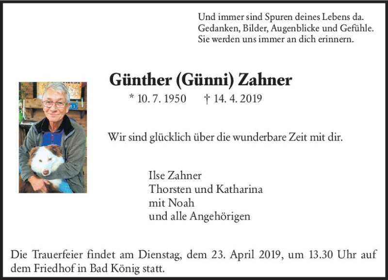  Traueranzeige für Günther Zahner vom 17.04.2019 aus vrm-trauer