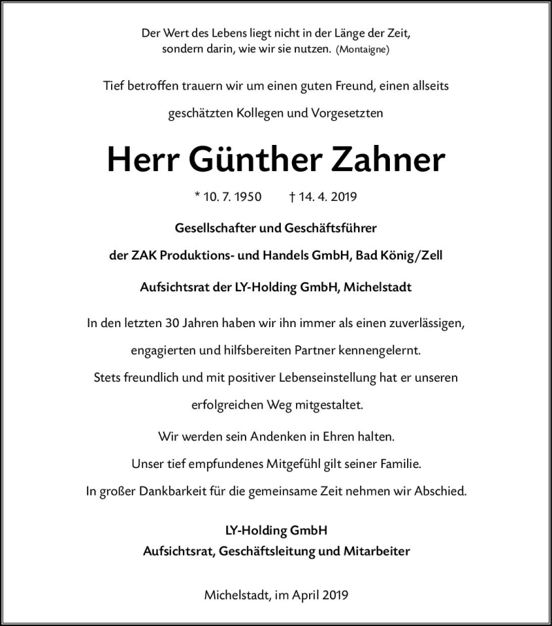  Traueranzeige für Günther Zahner vom 18.04.2019 aus vrm-trauer
