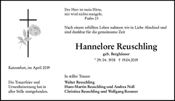 Traueranzeige von Hannelore Reuschling von  WNZ - Wetzlarer Neue Zeitung ()