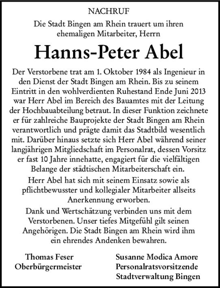  Traueranzeige für Hanns-Peter Abel vom 16.04.2019 aus vrm-trauer