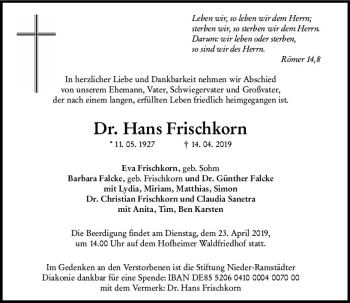 Traueranzeige von Hans Frischkorn von vrm-trauer
