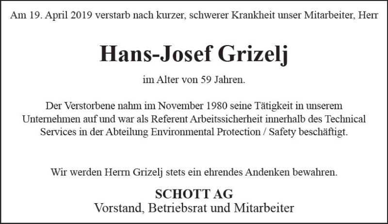  Traueranzeige für Hans-Josef Grizelj vom 27.04.2019 aus vrm-trauer