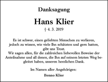 Traueranzeige von Hans Klier von vrm-trauer
