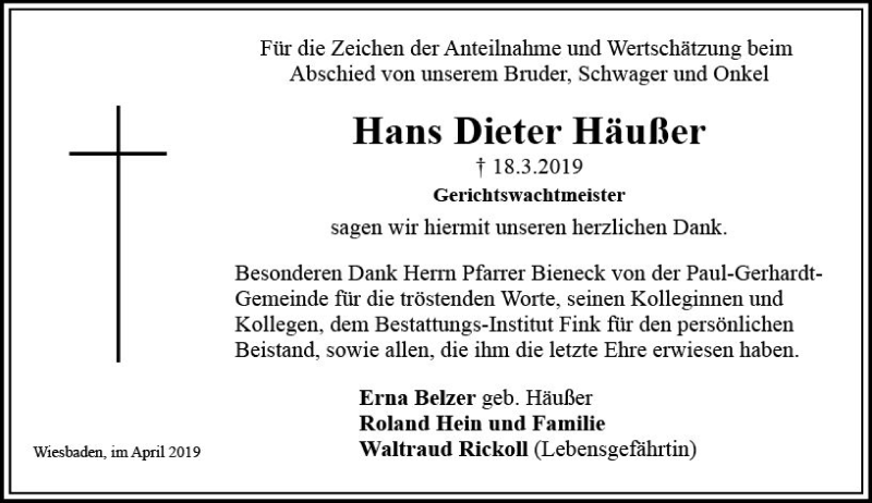  Traueranzeige für Hans Dieter Häußer vom 06.04.2019 aus vrm-trauer