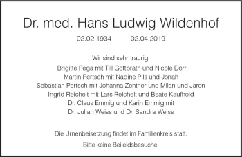 Traueranzeige von Hans Ludwig Wildenhof von vrm-trauer