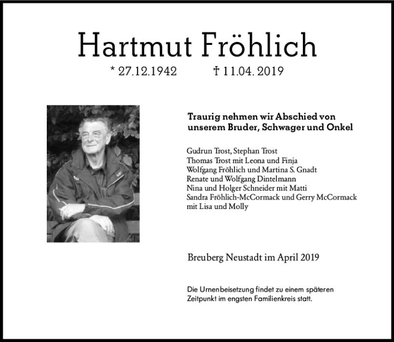  Traueranzeige für Hartmut Fröhlich vom 27.04.2019 aus vrm-trauer