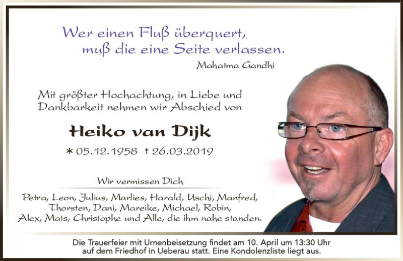  Traueranzeige für Heiko van Dijk vom 09.04.2019 aus vrm-trauer