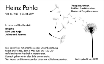 Traueranzeige von Heinz Pohla von  WNZ - Wetzlarer Neue Zeitung ()