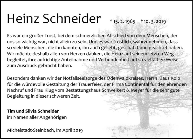  Traueranzeige für Heinz Schneider vom 13.04.2019 aus vrm-trauer