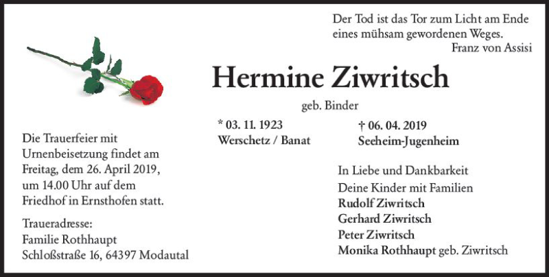  Traueranzeige für Hermine Ziwritsch vom 20.04.2019 aus vrm-trauer