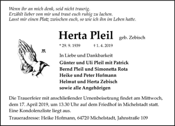 Traueranzeige von Herta Pleil von vrm-trauer