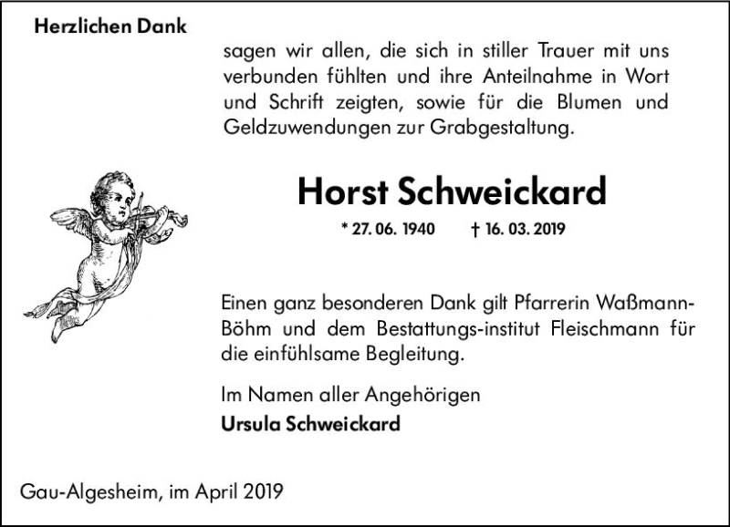  Traueranzeige für Horst Schweickard vom 04.04.2019 aus vrm-trauer