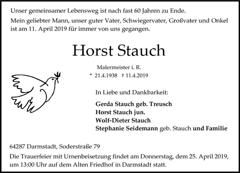  Traueranzeige für Horst Stauch vom 20.04.2019 aus vrm-trauer