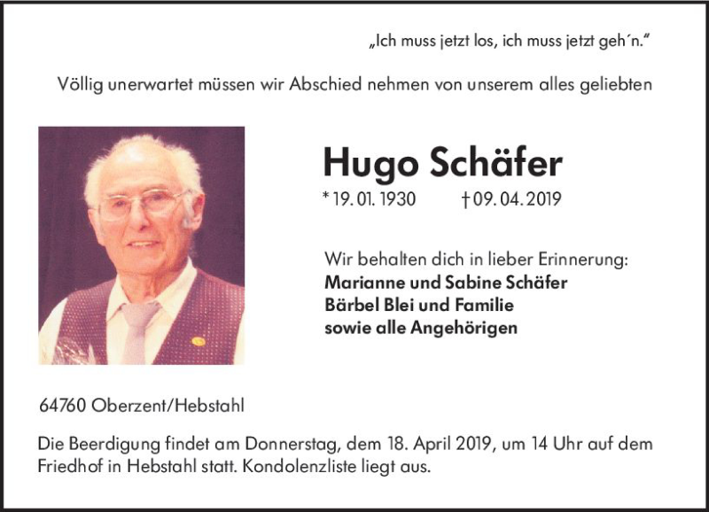  Traueranzeige für Hugo Schäfer vom 15.04.2019 aus vrm-trauer