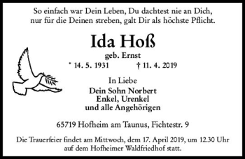 Traueranzeige von Ida Hoß von vrm-trauer