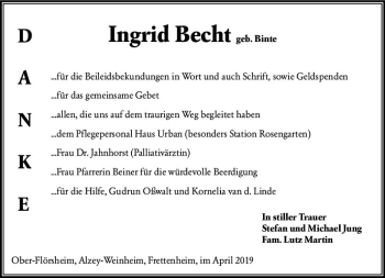 Traueranzeige von Ingrid Becht von vrm-trauer