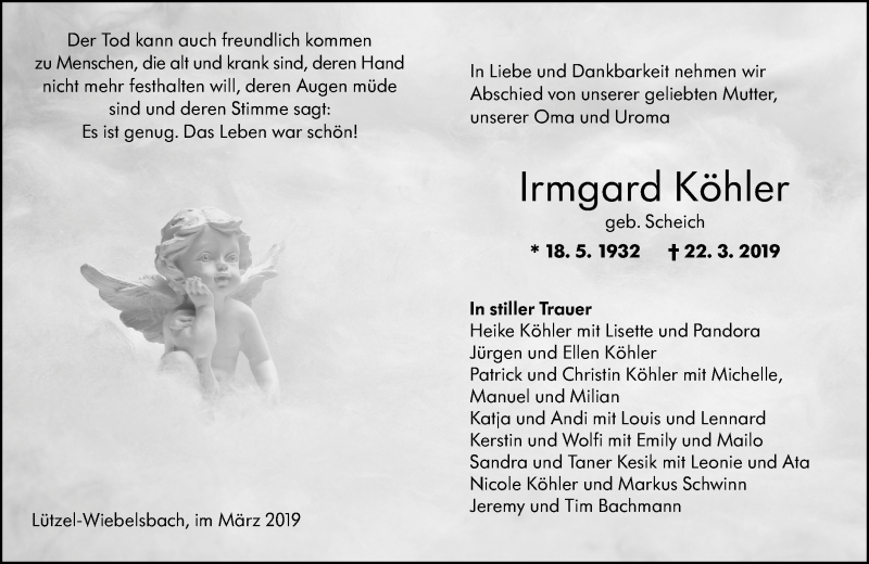  Traueranzeige für Irmgard Köhler vom 02.04.2019 aus vrm-trauer
