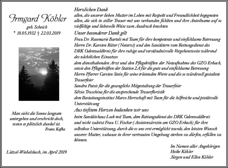  Traueranzeige für Irmgard Köhler vom 17.04.2019 aus vrm-trauer
