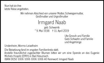 Traueranzeige von Irmgard Naab von vrm-trauer