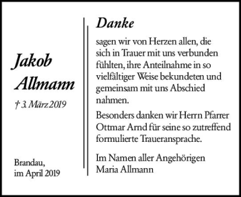 Traueranzeige von Jakob Allmann von vrm-trauer
