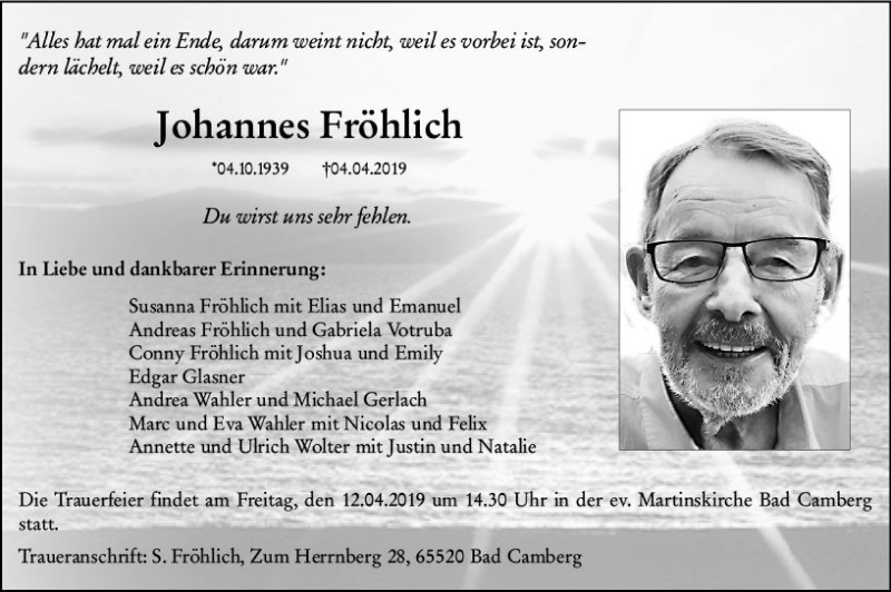  Traueranzeige für Johannes Fröhlich vom 11.04.2019 aus vrm-trauer