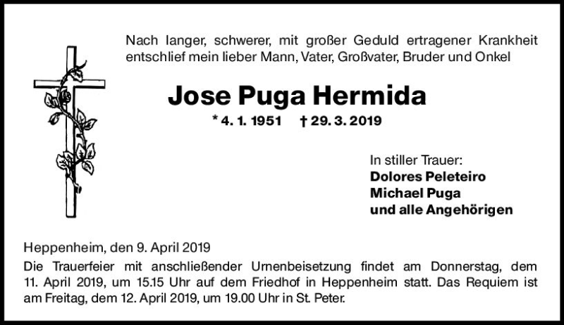  Traueranzeige für Jose Puga Hermida vom 09.04.2019 aus vrm-trauer