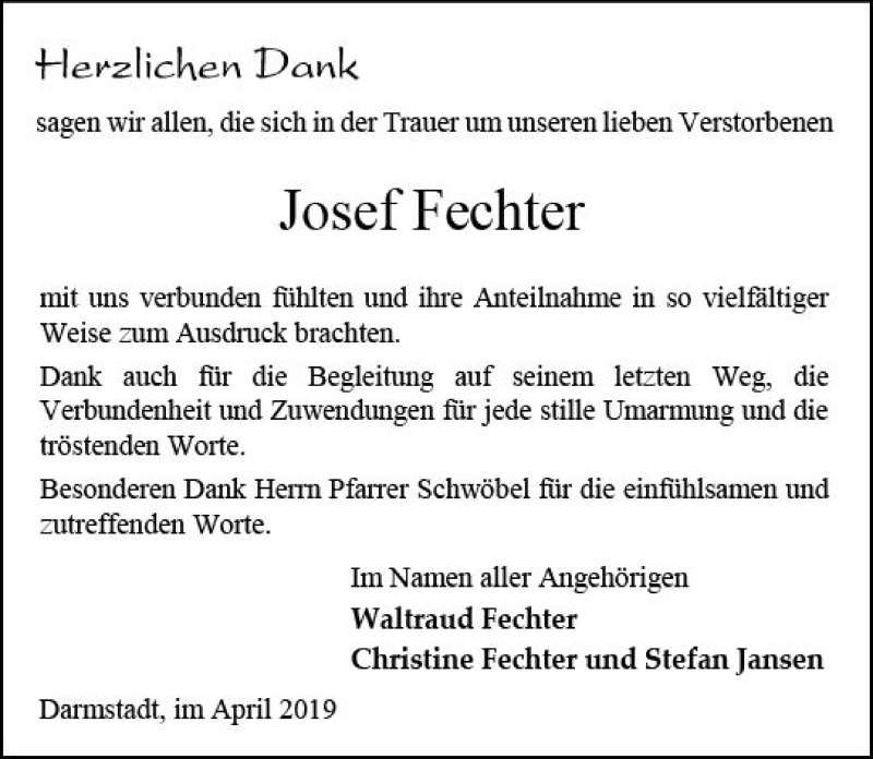  Traueranzeige für Josef Fechter vom 27.04.2019 aus vrm-trauer