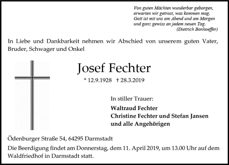  Traueranzeige für Josef Fechter vom 06.04.2019 aus vrm-trauer