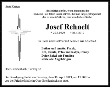 Traueranzeige von Josef Rehnelt von VRM Trauer