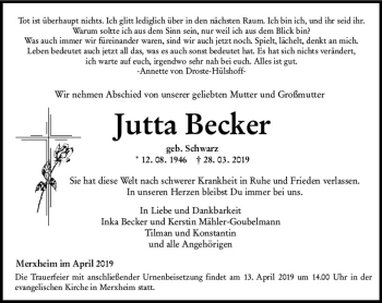 Traueranzeige von Jutta Becker von vrm-trauer