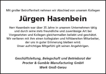 Traueranzeige von Jürgen Hasenbein von vrm-trauer