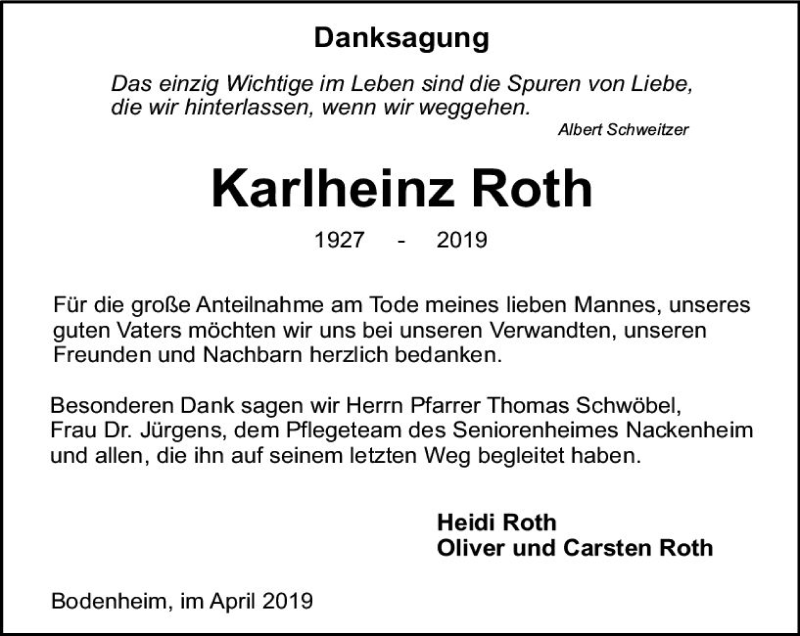  Traueranzeige für Karlheinz Roth vom 13.04.2019 aus vrm-trauer