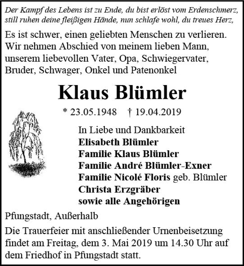  Traueranzeige für Klaus Blümler vom 27.04.2019 aus vrm-trauer
