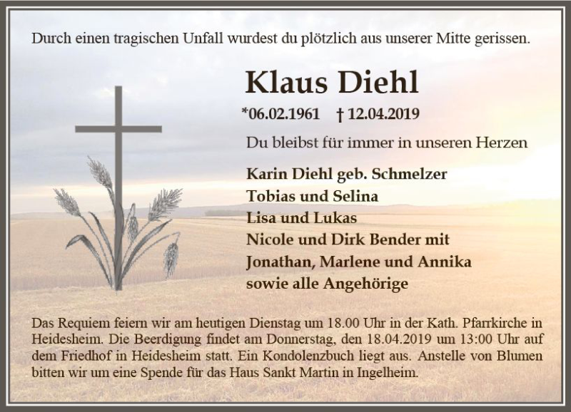  Traueranzeige für Klaus Diehl vom 16.04.2019 aus vrm-trauer