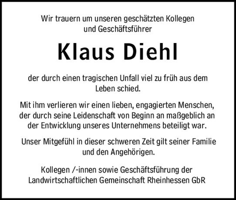  Traueranzeige für Klaus Diehl vom 17.04.2019 aus vrm-trauer